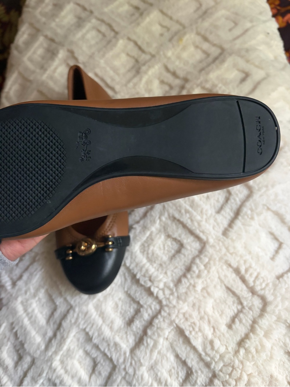 Coach Two-Tone Leather Ballet Flats in Tan & Black with Gold Accent - Picture 3 of 3